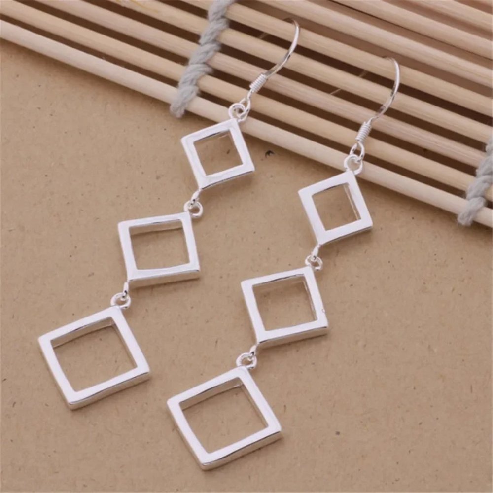 Gorgeous Hypoallergenic Hanging Squares 925 Sterling Silver 3 Inch Long Earrings - Picture 3 of 6